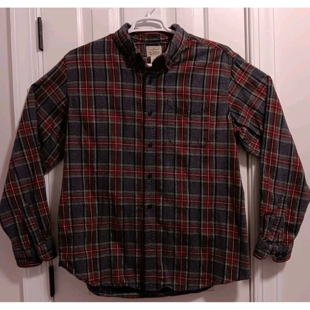 LL Bean Mens Long Sleeve Plaid Flannel Button Down Shirt Gray Red LG 228061